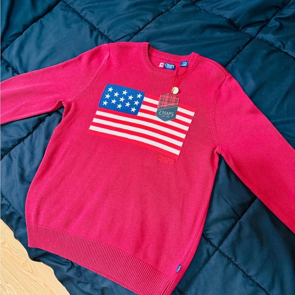 Chaps Polo Men's Red Crewneck Sweater with Flag Design